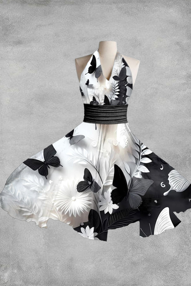 Women's Elegant Floral Butterfly Print Sleeveless Dress