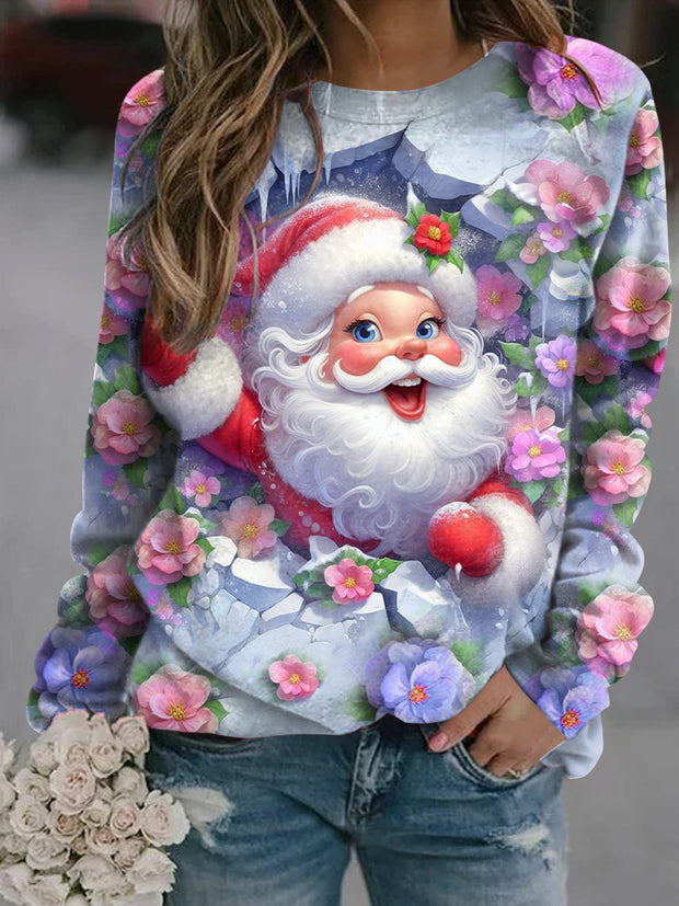 Women's Cute Santa Claus Christmas Flowers Art Illustration Printed Casual Sweatshirt