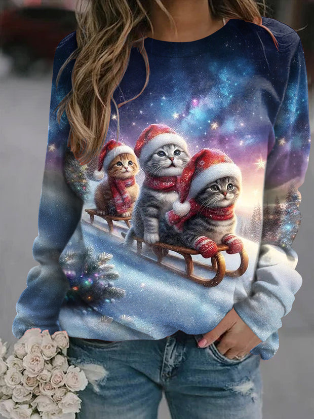 Women's Cute Cat Christmas Art Illustration Printed Casual Sweatshirt