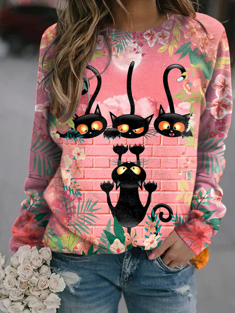 Women's Funny Cat Flowers Art Illustration Printed Casual Sweatshirt