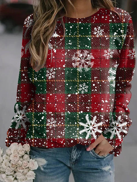 Women's Plaid Snowflake Christmas Art Illustration Printed Casual Sweatshirt