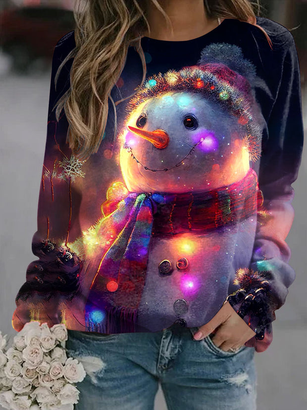 Women's Christmas Snowman Art Illustration Printed Casual Round Neck Sweatshirt