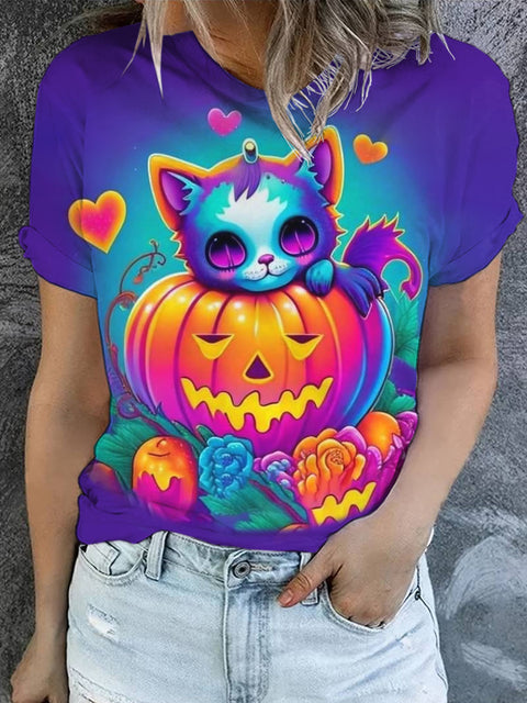 Women's Halloween Colorful Cat Art Illustration Printed Casual Round Neck T-shirt