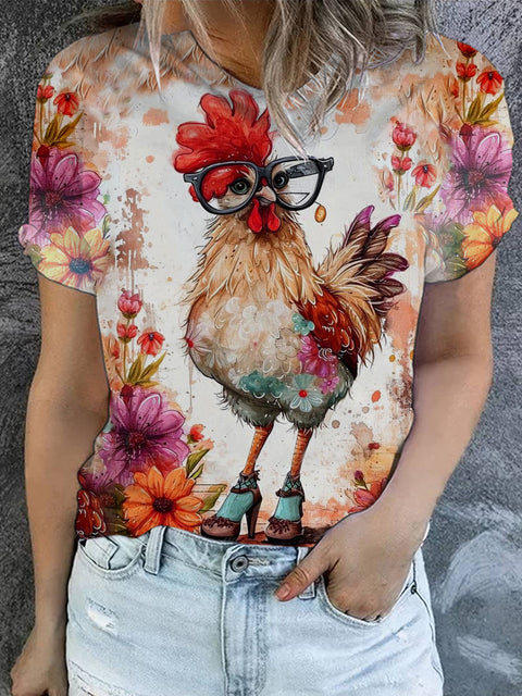 Women's Funny Chicken Art Illustration Printed Casual Round Neck T-Shirt