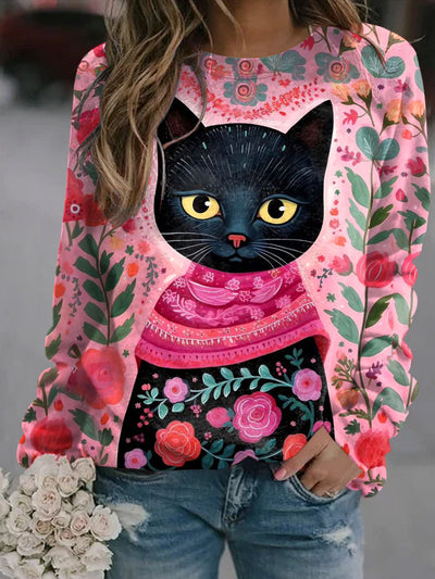 Women's Cute Cat Art Illustration Printed Casual Crew Neck Sweatshirt