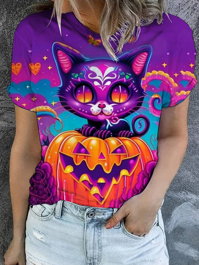 Women's Halloween Colorful Cat Art Illustration Printed Casual Round Neck T-shirt