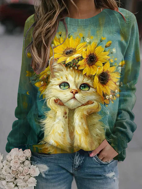 Women's Cute Cat Art Illustration Printed Casual Crew Neck Sweatshirt