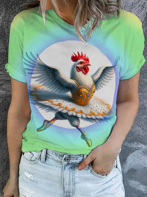 Women's Funny Chicken Art Illustration Printed Casual Round Neck T-Shirt