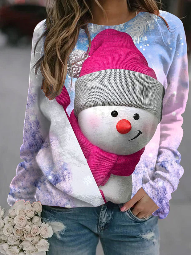 Women's Christmas Snowman Art Illustration Printed Casual Round Neck Sweatshirt