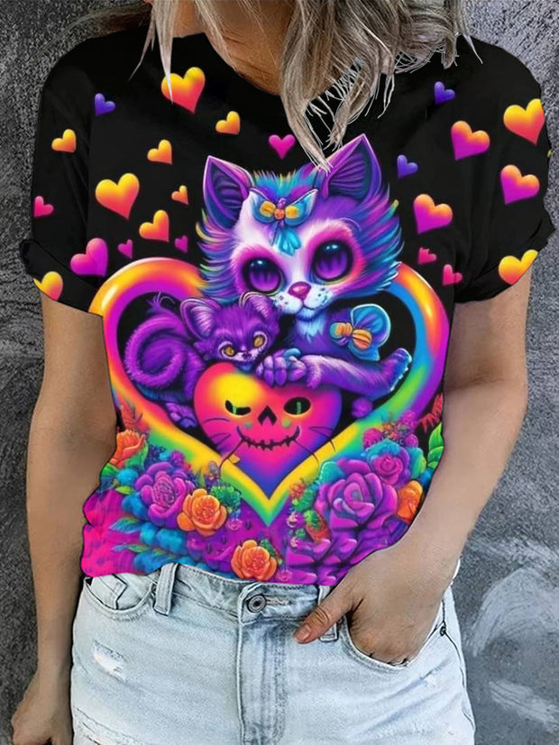 Women's Halloween Colorful Cat Art Illustration Printed Casual Round Neck T-shirt