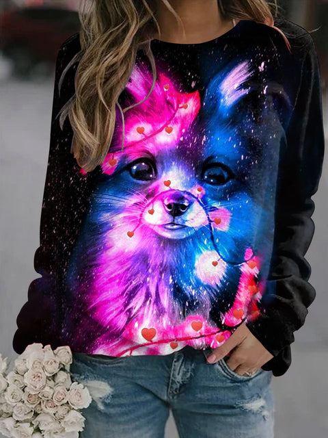 Women's Cute Fox Art Illustration Printed Casual Crew Neck Sweatshirt