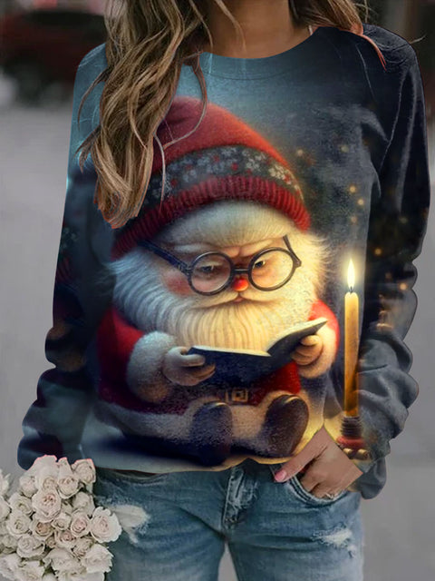 Women's Christmas Gnome Art Illustration Printed Casual Round Neck Sweatshirt