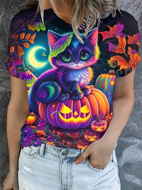 Women's Halloween Colorful Cat Art Illustration Printed Casual Round Neck T-shirt