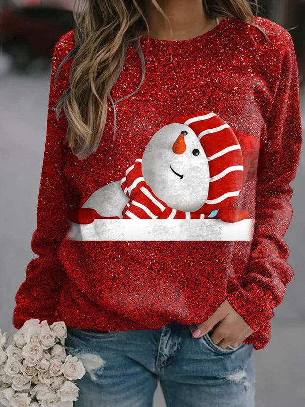 Women's Christmas Snowman Art Illustration Printed Casual Round Neck Sweatshirt