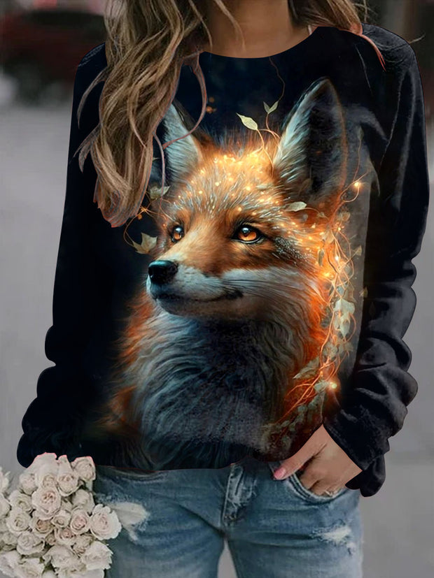 Women's Cute Fox Art Illustration Printed Casual Crew Neck Sweatshirt