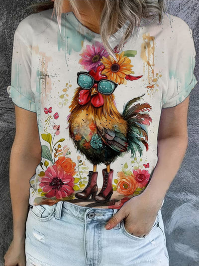 Women's Funny Chicken Art Illustration Printed Casual Round Neck T-Shirt