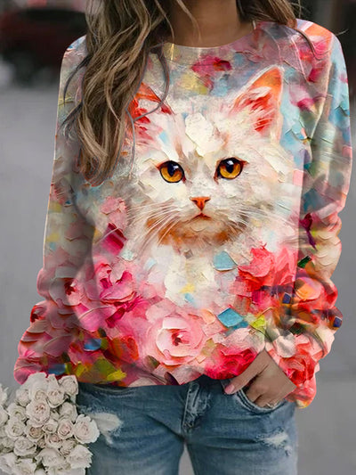 Women's Cute Cat Art Illustration Printed Casual Crew Neck Sweatshirt