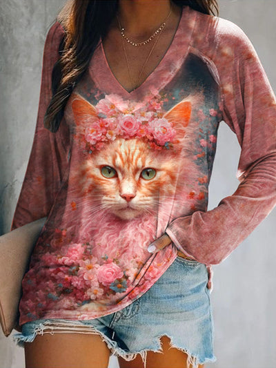 Women's Cute Cat Art Illustration Printed Casual V-Neck Top