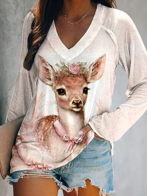 Women's Christmas Cute Elk Art Illustration Print Casual V-Neck Top