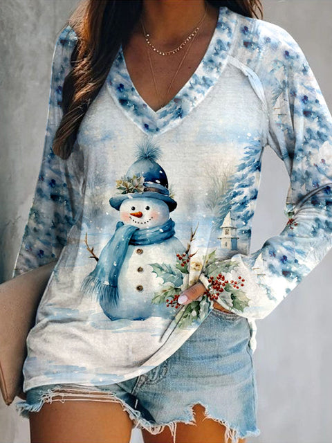 Women's Christmas Cute Snowman Art Illustration Printed Casual V-Neck Top