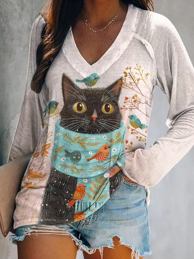 Women's Cute Cat Art Illustration Printed Casual V-Neck Top