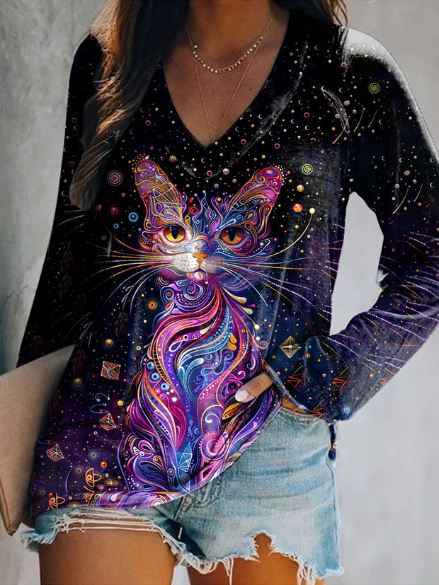 Women's Fantasy Cute Cat Art Illustration Printed Casual V-Neck Top