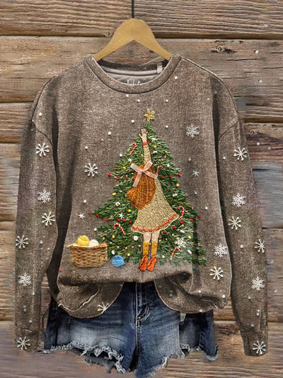 Women's Christmas Art Illustration Printed Casual Crewneck Sweatshirt