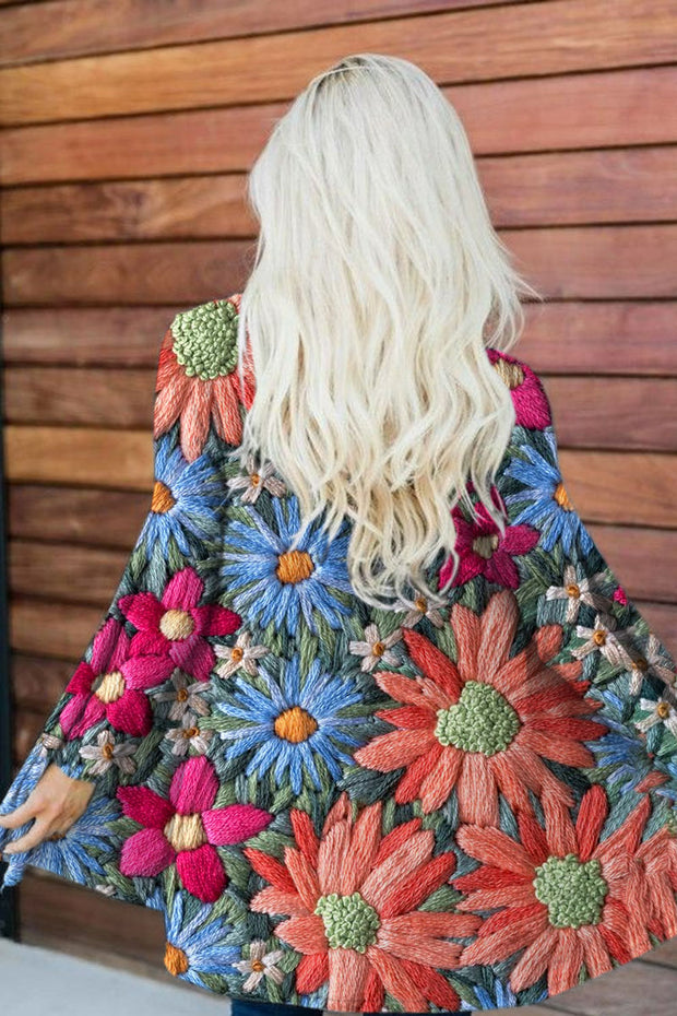 Women's 3D Floral Illustration Printed Casual Cardigan