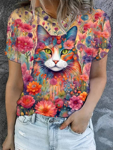 Women's Floral Cute Cat Art Illustration Print Casual Crew Neck T-Shirt