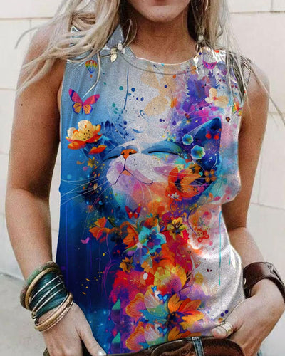 Women's Floral Cat Art Illustration Printed Casual Tank Top