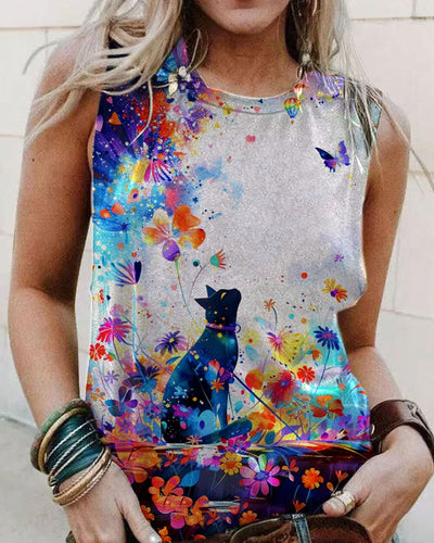 Women's Floral Cat Art Illustration Printed Casual Tank Top