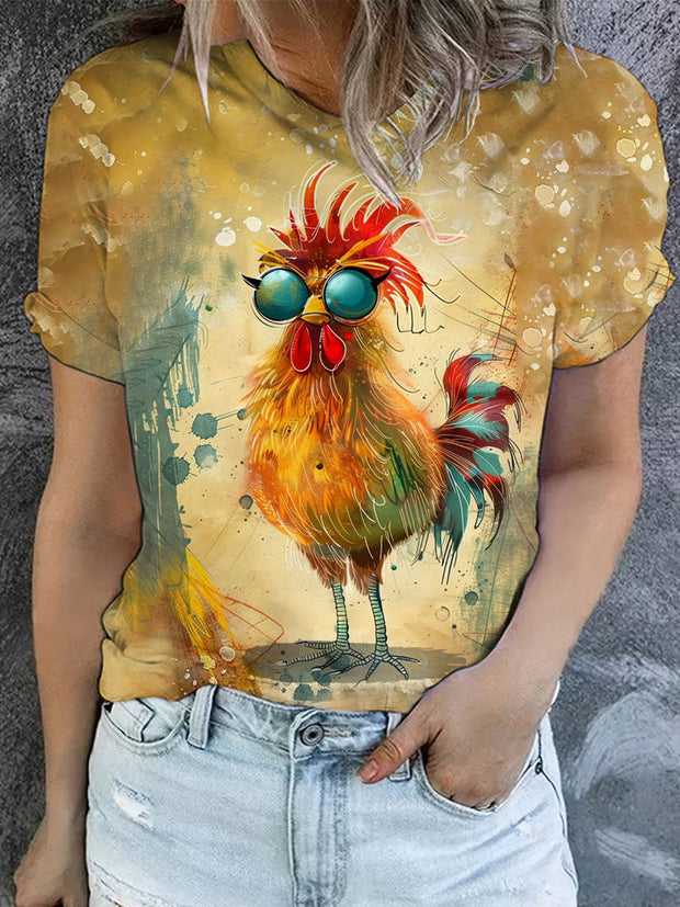 Women's Retro Floral Chicken Art Illustration Print Casual Round Neck T-Shirt