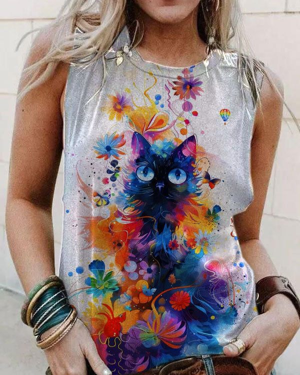 Women's Floral Cat Art Illustration Printed Casual Tank Top