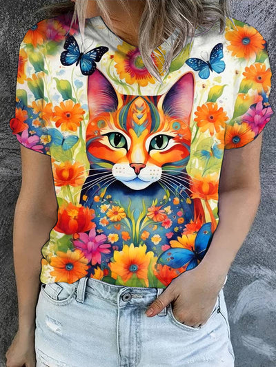 Women's Floral Cute Cat Art Illustration Print Casual Crew Neck T-Shirt