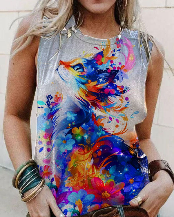 Women's Floral Cat Art Illustration Printed Casual Tank Top