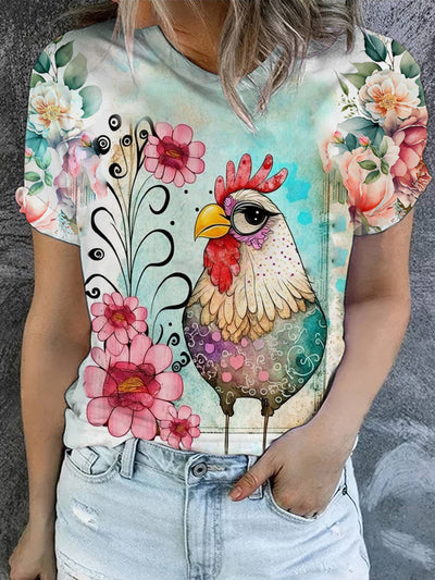 Women's Retro Floral Chicken Art Illustration Print Casual Round Neck T-Shirt