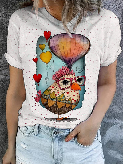 Women's Retro Floral Chicken Art Illustration Print Casual Round Neck T-Shirt