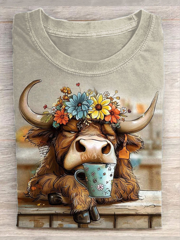 Unisex Funny Cow Art Graffiti Illustration Casual Round Neck T-Shirt