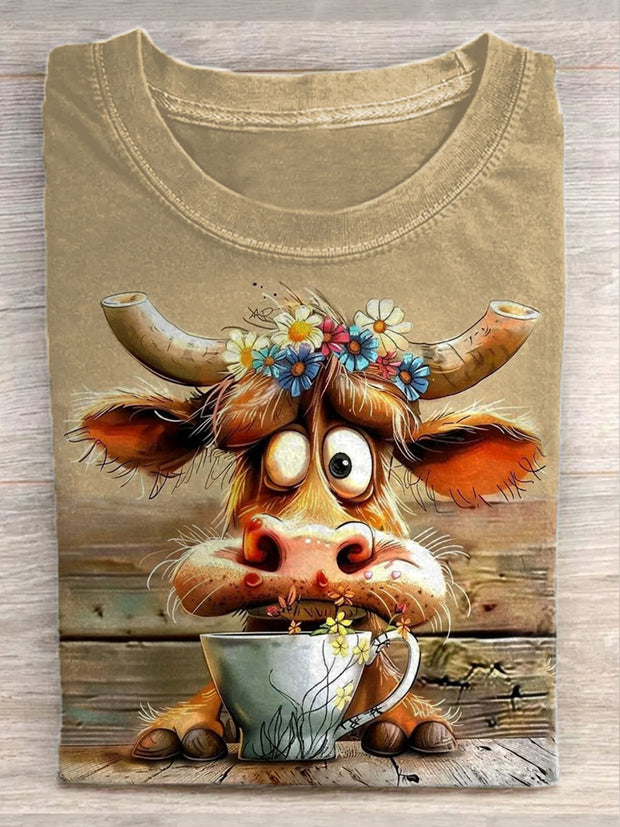 Unisex Funny Cow Art Graffiti Illustration Casual Round Neck T-Shirt