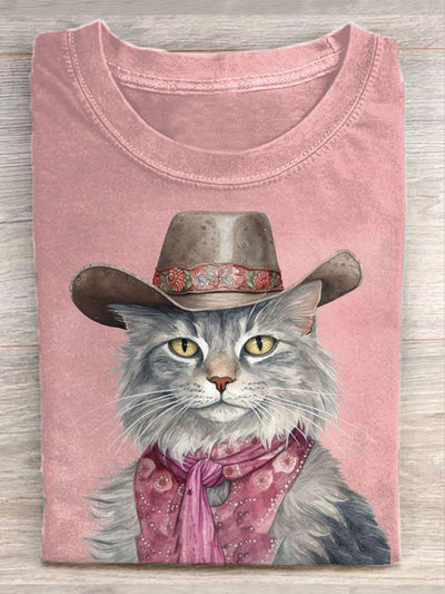 Unisex Western Cowboy Cute Cat Art Graffiti Illustration Casual Round Neck T-Shirt