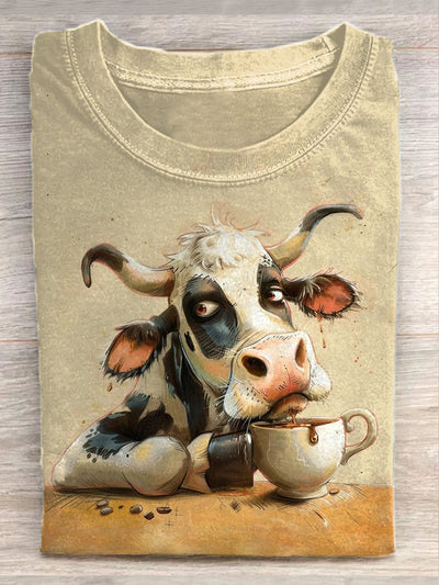 Unisex Funny Cow Art Graffiti Illustration Casual Round Neck T-Shirt