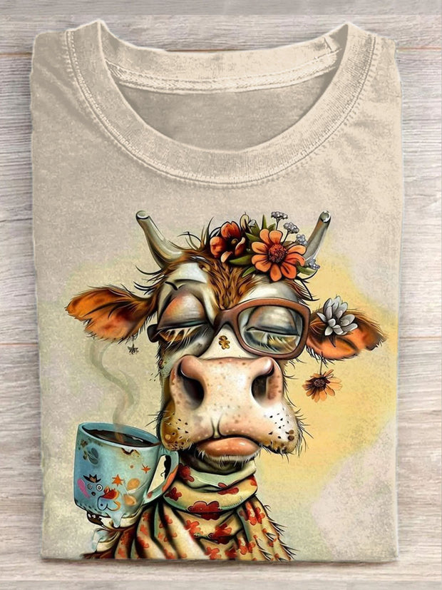 Unisex Funny Cow Art Graffiti Illustration Casual Round Neck T-Shirt