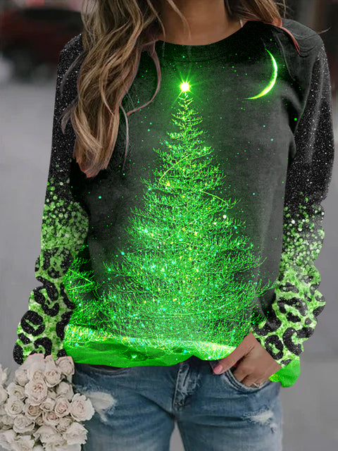 Women's Christmas Tree Sequin Print Casual Crew Neck Sweatshirt