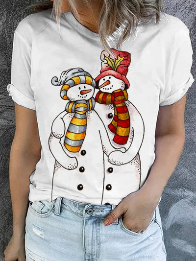 Women's Christmas Snowman Art Illustration Printed Casual Round Neck T-shirt