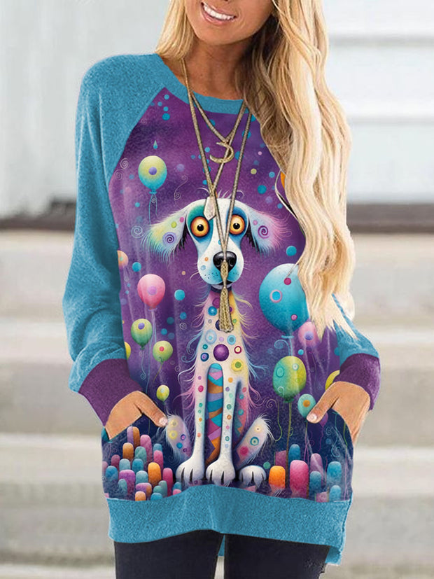 Women's Cute Puppy Art Illustration Print Casual Raglan Sweatshirt