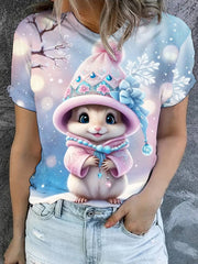 Women's Christmas Cute Art Illustration Printed Casual Cotton Short Sleeve T-shirt