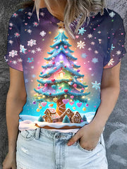 Women's Christmas Tree Art Illustration Printed Casual Cotton Short Sleeve T-Shirt