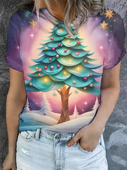 Women's Christmas Tree Art Illustration Printed Casual Cotton Short Sleeve T-Shirt