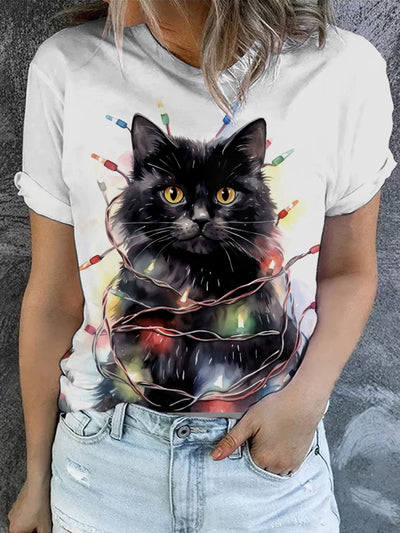 Women's Christmas Cat Art Illustration Printed Casual Round Neck T-shirt