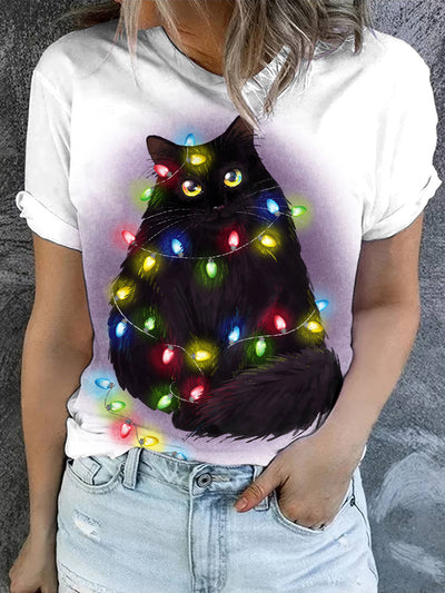 Women's Christmas Cat Art Illustration Printed Casual Round Neck T-shirt